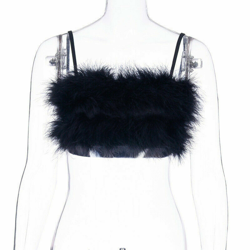 トップス IMMUNE faux fur camisole Women Faux Fur Crop Top Bustier Furry Spaghetti Strap Vest Tank