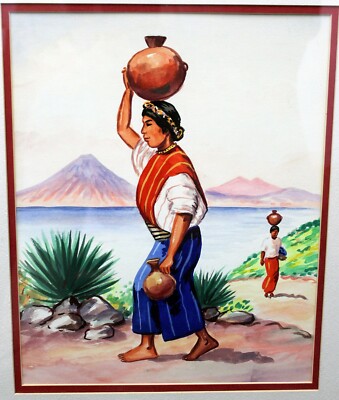 Mexican Mayan Original Water Color Painting 13x10.5 + Borders