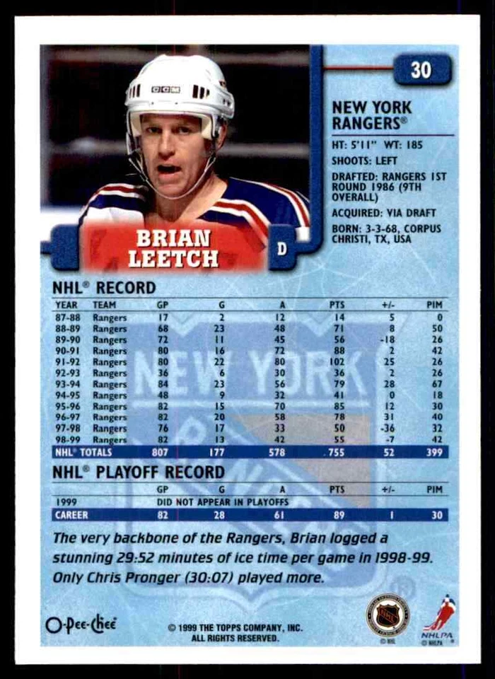 1999-00 O-Pee-Chee Brian Leetch #30 - Image 2 of 2