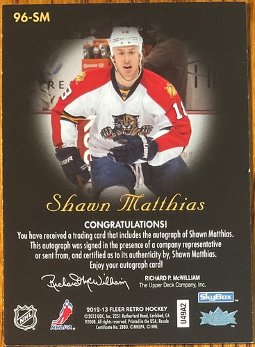 2012-13 Fleer Retro Autographics 1996-97 Shawn Matthias #96-SM Florida Panthers - Picture 2 of 2