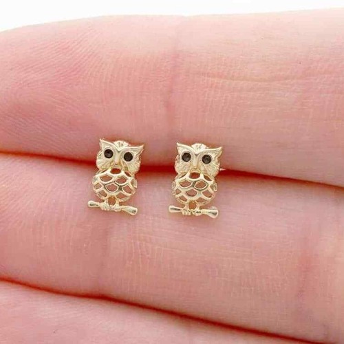 Kid's 14k Gold Yellow White Simulated Onyx Ruby Owl Screwback Stud Earrings - 第 1/24 張圖片