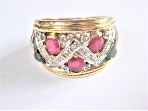 Ring Gold 585 Con Rubíes, Zafiro, Esmeralda Y Pequeños Diamantes, 7,88G