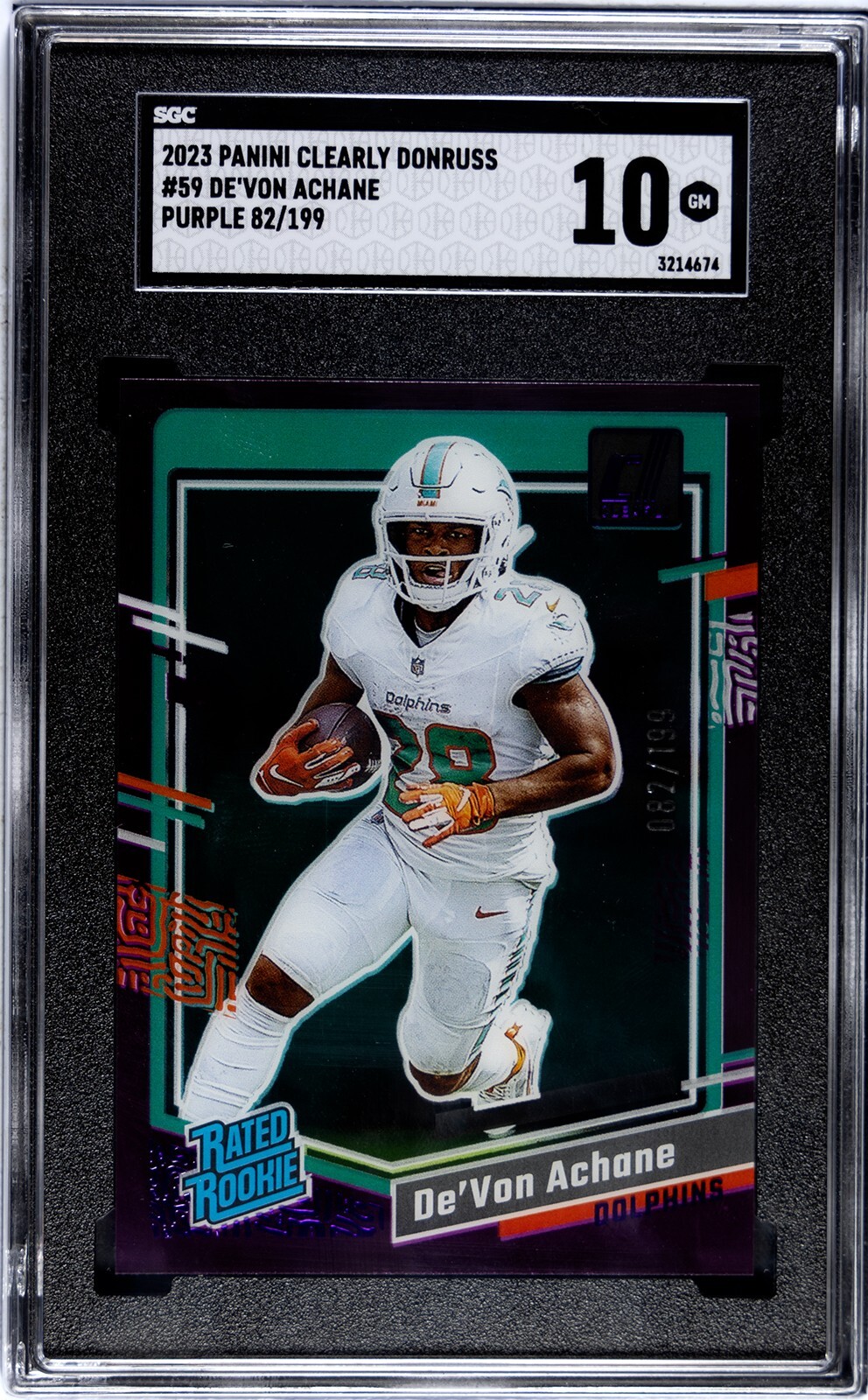 2023 Clearly Donruss - SGC 10 Rated Rookie Purple #59 De'Von Achane 82/199 (RC)
