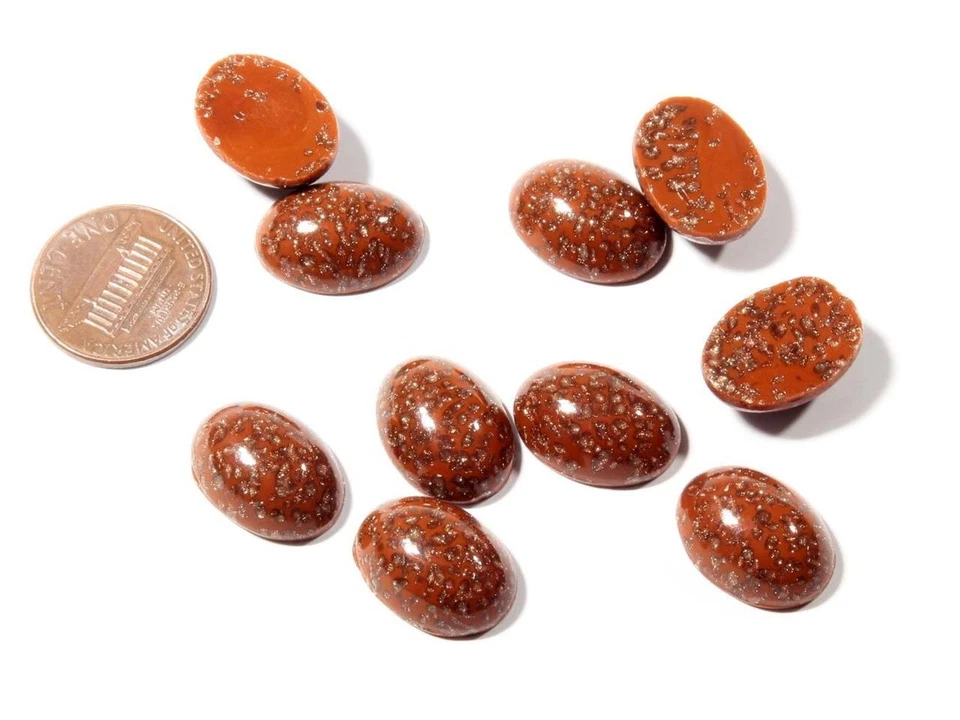 Lote (10) Cabujones de vidrio marrón ovalado oro aventurina checo vintage 18 mm Foto 2 de 2