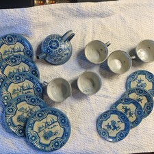1940s Wolverine, Delft 16- pc Child's Tin Dishes, blue  white windmill scene