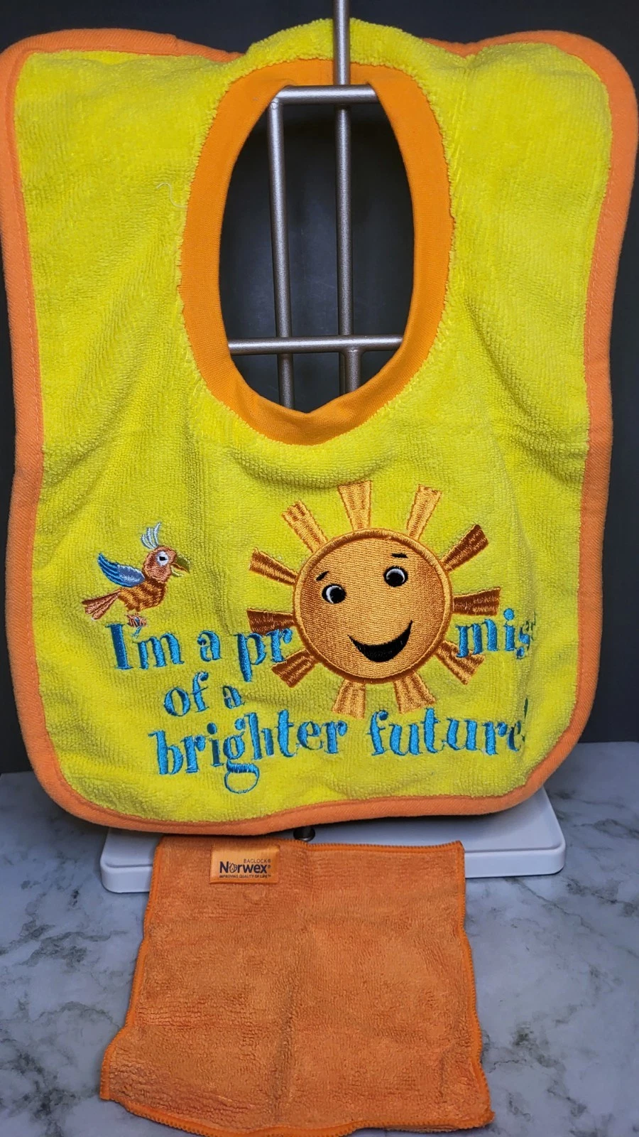 NEW*NORWEX*~BABY BIB*YELLOW Sunshine+ORANGE Washcloth*Microfiber*PULL OVER*SET