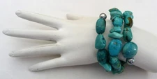 1 3/4" WIDE LARGE TURQUOISE NUGGET BEADS WIRE WRAP BRACELET ~ 76.29 GRAMS