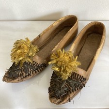 Antique 1800s Leather Embroidered Slippers / Shoes w Silk Pom Poms  As Is