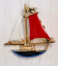 Vintage Gerry's Sailboat Brooch Gold Tone Enamel 1970s Made in USA