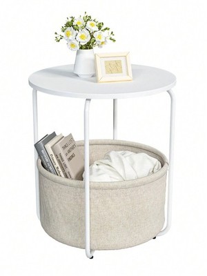White Bedside Table With Fabric Basket, Modern Nightstand, Round Side Table