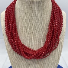 Red Multi Strand Faceted Bead Necklace Floral Clasp Statement Choker 14  