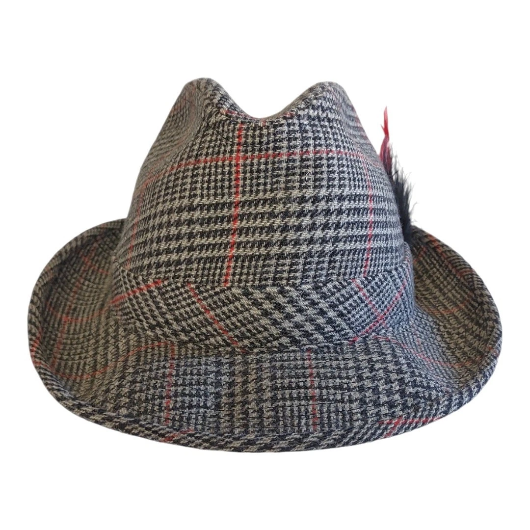 Mens Grey Black Plaid Fedora Hat Size M Retro Feather Accent Unisex Male Female