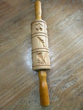Handmade Wooden Embossing Rolling Pin with Handle, Birds Floral Fruit, 14in