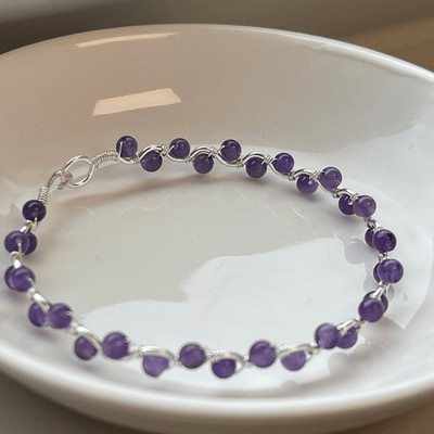 Amethyst purple 8  silver tone copper wire beaded beads handcrafted handmade dai