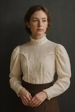 Antique Edwardian Sheer Cotton Blouse Lace Trim High Neck Back Buttons Handmade