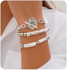 3Pcs Boho Layered Beaded Bracelets Set for Women Dainty Stretch Elastic round Ba