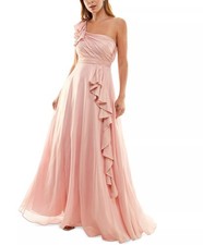 City Studios Juniors' Asymmetric Pleated Ruffled Gown Blush Gold 1