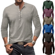 Herren Henley T-Shirt Langarm Retro Freizeithemd Knopfleiste Casual Top