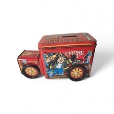 Vintage Candy Tin Litho Fire Truck Coin Bank W/ Spinning Wheels Engine 5