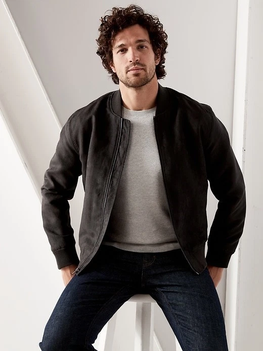 Banana Republic Mens Vegan Faux Suede Bomber Jacket Charcoal Gray Medium - product detail image 2