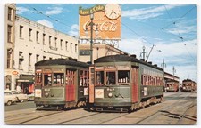 1959 New Orleans Canal St Streetcar Postcard Coca-Cola Sign Trolley Cars