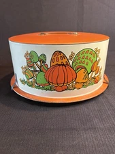 Vintage orange Groovy Mushroom Cake Carrier tin metal Holder Decoware Retro