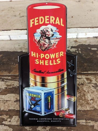 VINTAGE LOOKING FEDERAL HI POWER SHELLS SHOTGUN TIN METAL DEALER SIGN