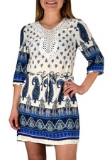 Bohemian Paisley Waist Tie Classic Caftan Tunic Floral Mini Dress Blue Small
