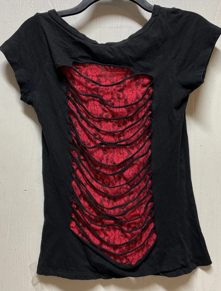 Bob Marley Burnin Women’s Distressed Fitted V Neck Band Tee Black Red Lace Boho - Image 4 of 4