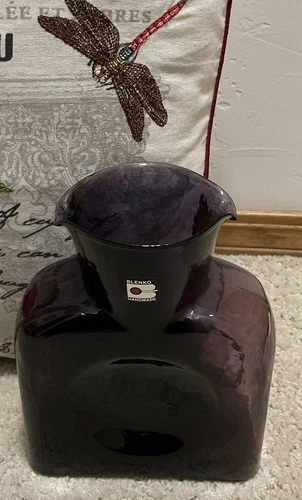 MCM Blenko Glass Amethyst Purple Double Spout Water Bottle Carafe W/Sticker
