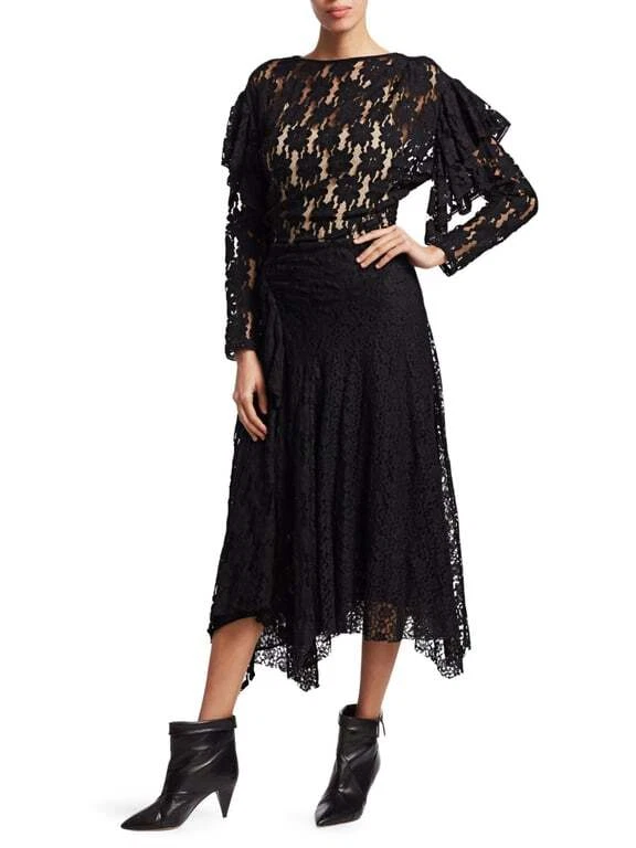 ISABEL MARANT ETOILE Vally Black Floral Long Sleeve Ruffle Midi Dress 36/4 | eBay