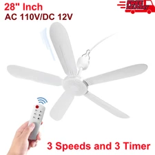 28" Ceiling Fan with Remote, AC 110V/DC 12V, Quiet Portable Hanging Fan for Tent