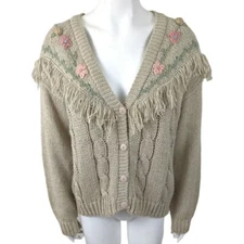 Vintage 80s Fringe Hand Loomed Cardigan Sweater Womens M Floral Beige Womens M