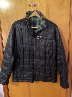 Columbia Reversible Jacket Mens M Black/Green Plaid Full Zip