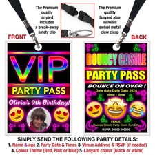 BOUNCY CASTLE LANYARD VIP PASS, Emoji, Birthday Party Invitation, Personalised