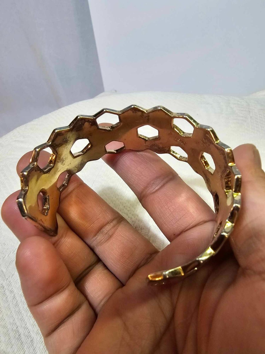 Signed skalli Paris? Cuff bracelet hexagon mother of pearl goldtone thick- READ View 4