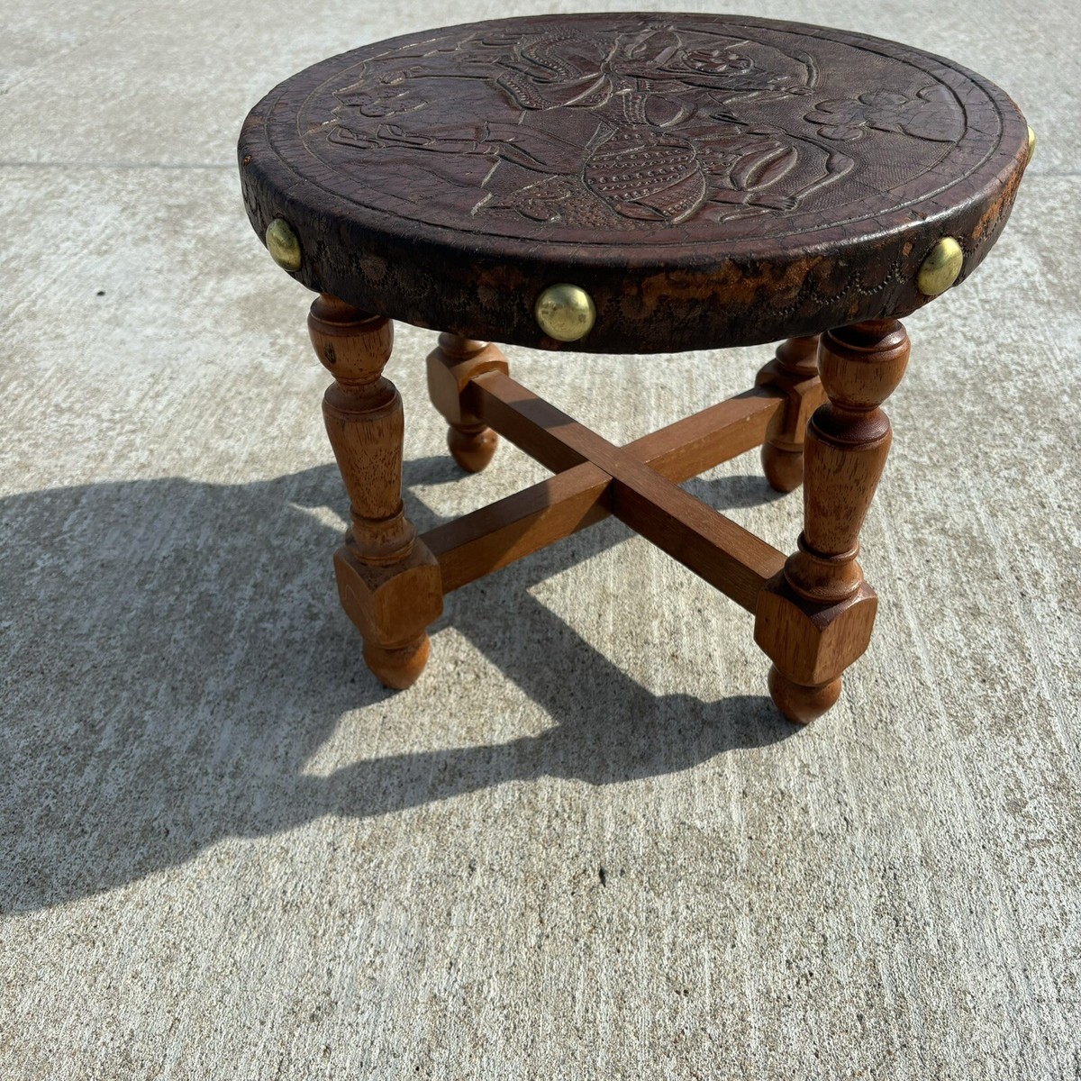 Peruvian Hand Tooled Punched Leather South American Wooden Stool