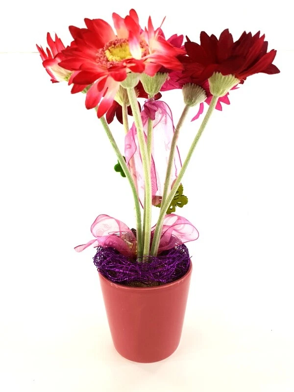 Gesteck Topfblume Gerbera Rosa Pink Kunstblumen Keramikgefäß rund Dekoration - Bild 3 von 4