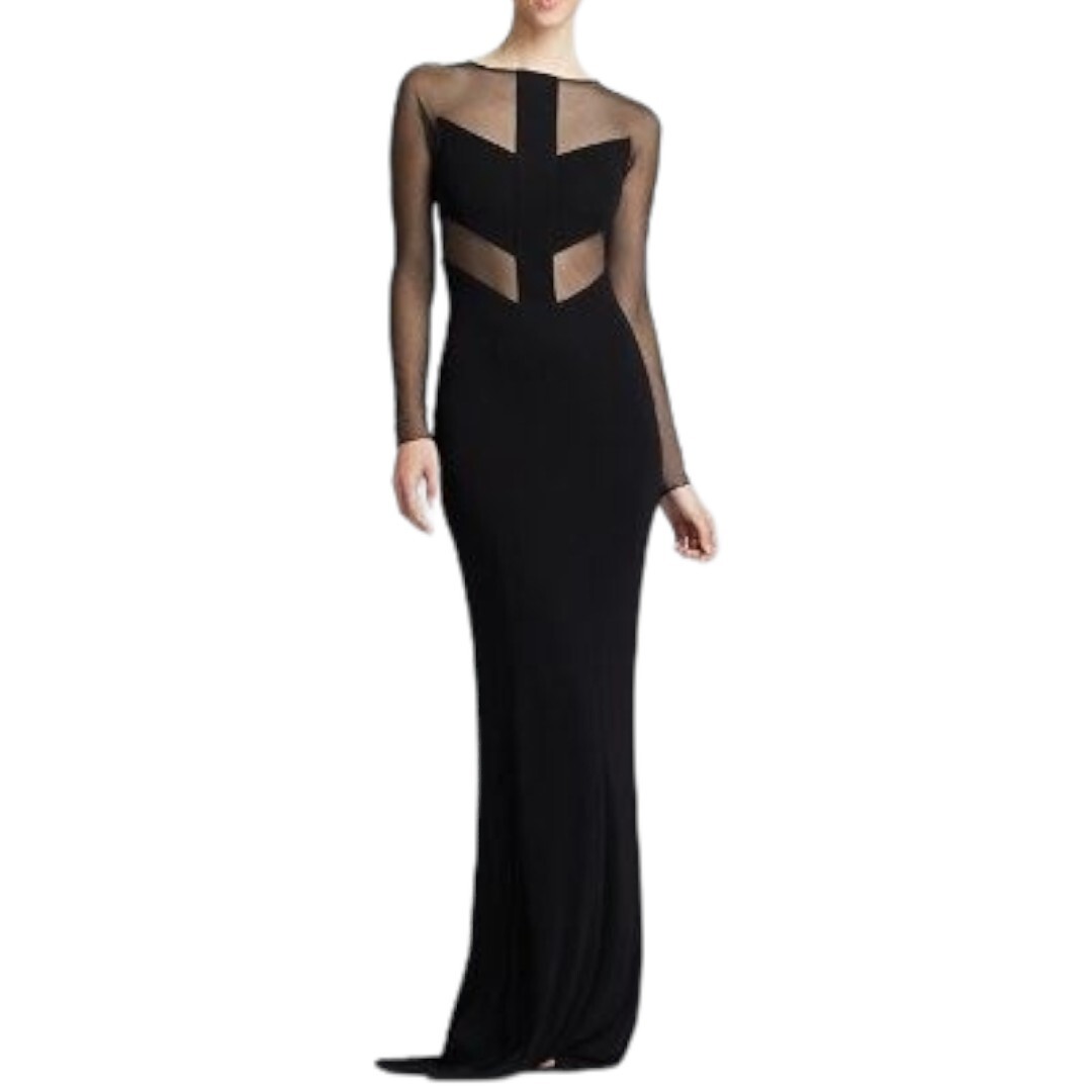 NEW ABS Allen Schwartz Black Illusion Bodice Long Sleeve Column Gown Size  M/6 | eBay