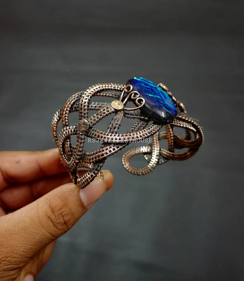 Brazalete Brazalete Australiano Triplete Ópalo Cobre Envuelto en Alambre Joya Ajustable Foto 2 de 4