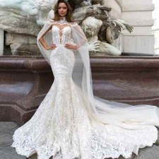 New Lace Mermaid Wedding Dresses With Tulle Shawl Slim Elegant Bridal Gowns
