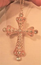 Gorgeous Large White Rhinestone Crowned Goldtone Pectoral Cross Necklace