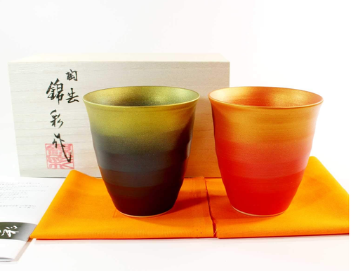 Shochu Tasse Paar Glas Set Arita Ware Fujii Kinsai Paulownia Box schwarz orange - Bild 2 von 7
