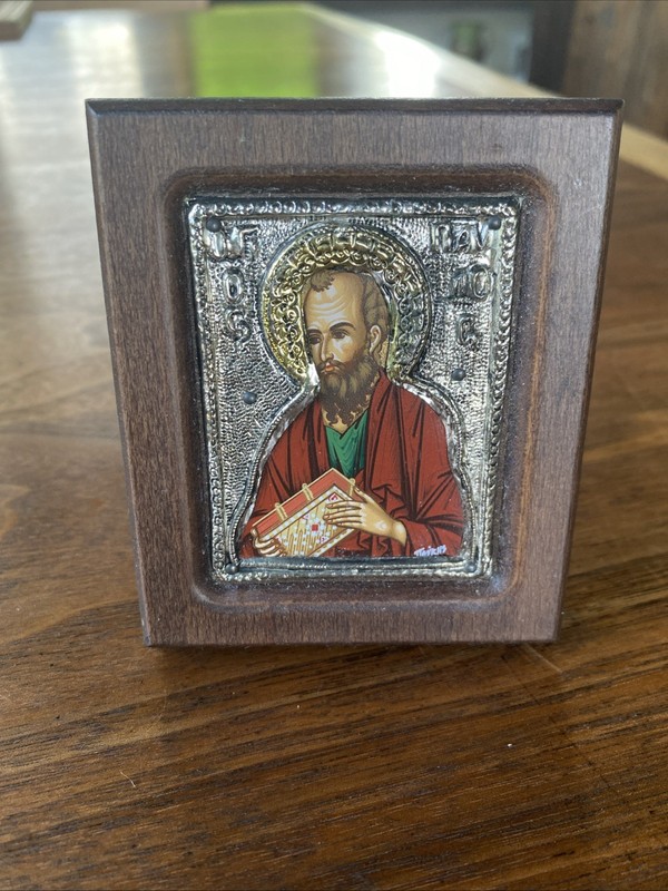 Vintage Father Pefkis Orthodox Icon Painting Saint Paul Silver & Gold