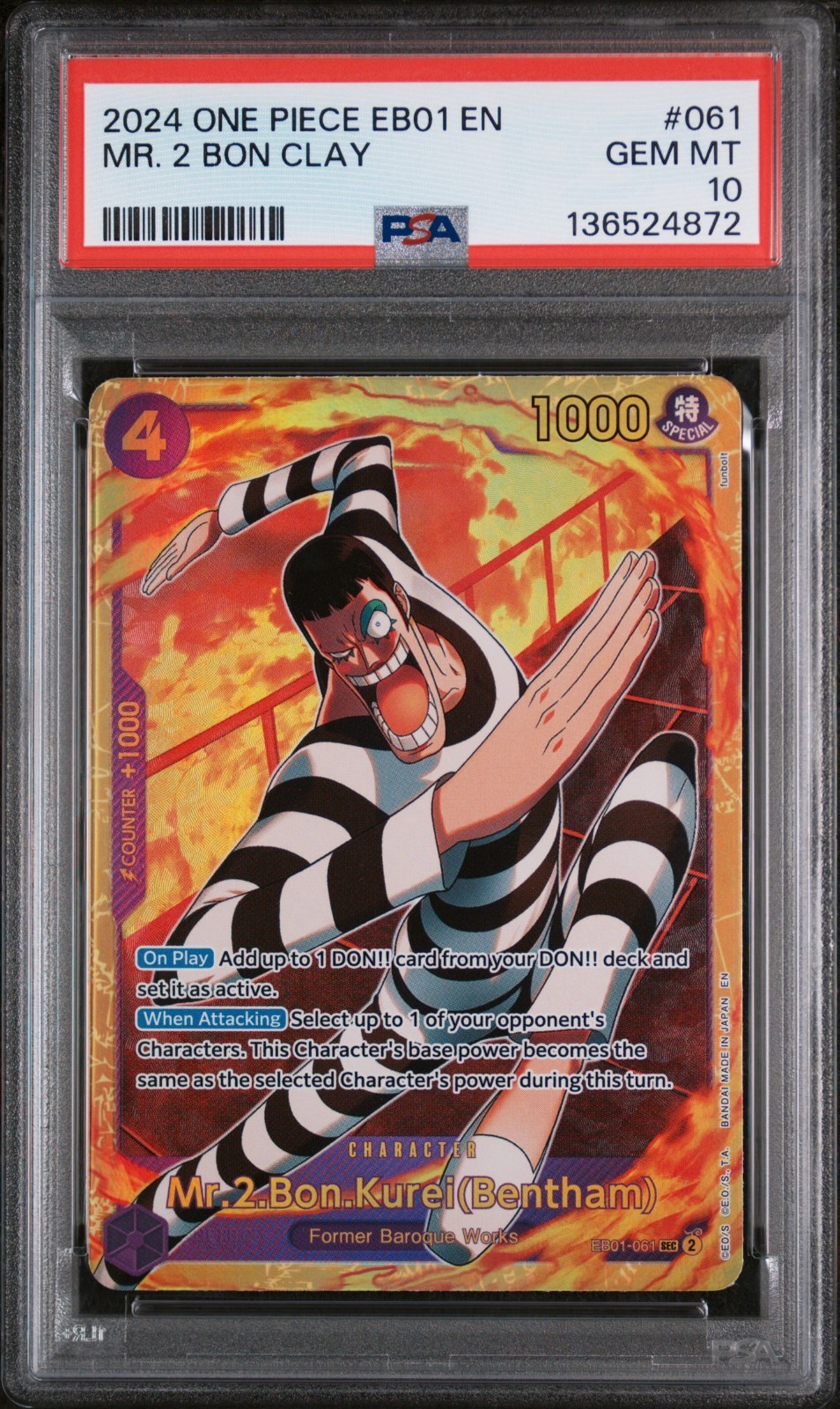 2024 One Piece English Mr. 2 Bon Clay EB01-061 Extra Booster Secret Raro PSA 10