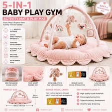 Pink Baby Play Gym Activity Mat 5 in 1 Infant Playmat with Toys 100cm Washable