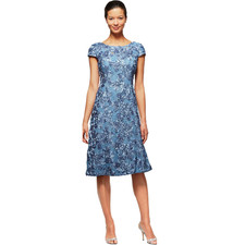 Alex Evenings Women's Tea Length Cap Sleeve Rosette Dress, Periwinkle, 10R