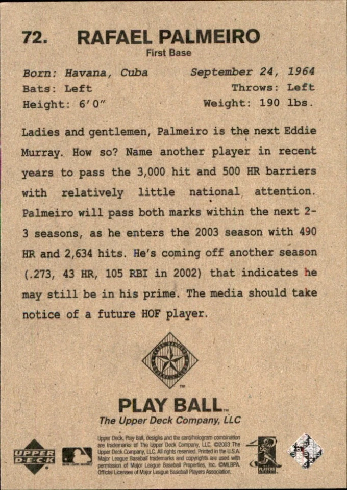 Rafael Palmeiro 2003 Upper Deck Play Ball #72 Rangers FREE SHIPPING AutographDen - Image 2 of 2