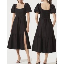 ASTR The Label Black Puff Sleeve Tiered Midi Dress Square Neck Cotton NWT