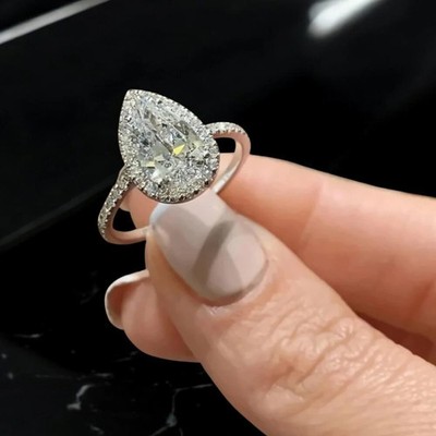 Certified Halo Moissanite Attractive Engagement Pear 14k White Gold Plated Ring